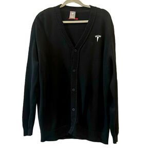 Tesla Mens V-Neck Cardigan Button Varsity Sweater Black Size Large​​​​​​​​​​​